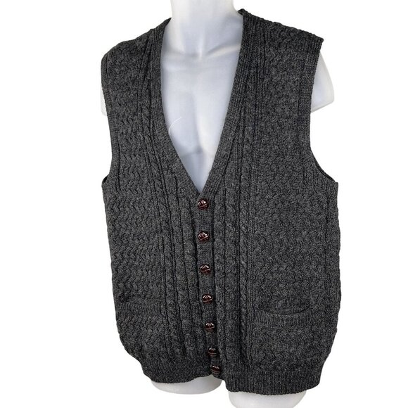 Woolmark Wool Men L Made In Ireland Cable Knit Vest Pocket Fisherman Grandpacore - Picture 7 of 14